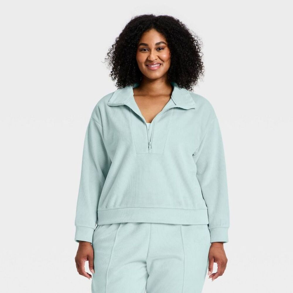 Women's Velour Ribbed 1/2 Zip Sweatshirt - All In Motion Light Aqua Blue 2X